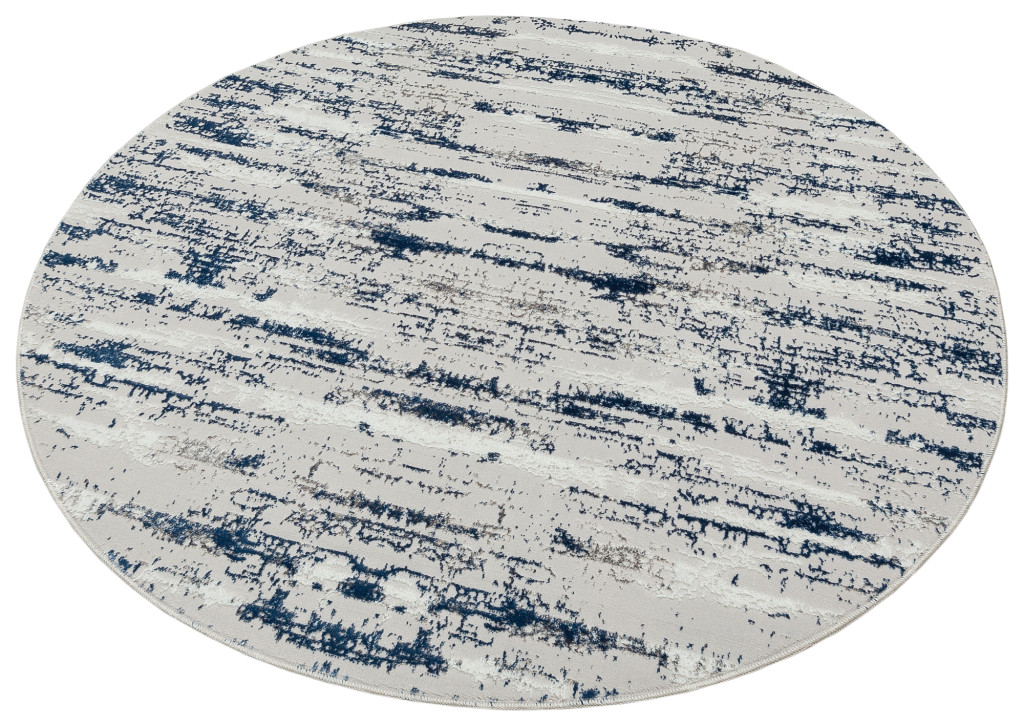 7" Blue and Ivory Round Abstract Washable Non Skid Area Rug