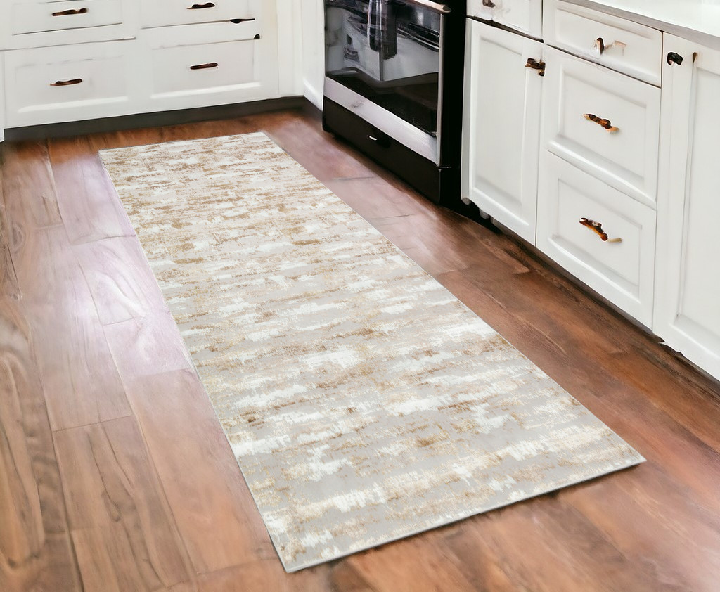 3' X 10' Beige Abstract Washable Non Skid Area Rug-553770-1