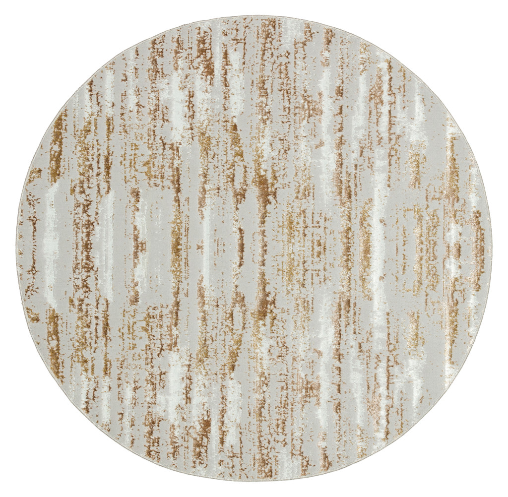 4" Gold and Ivory Round Abstract Washable Non Skid Area Rug