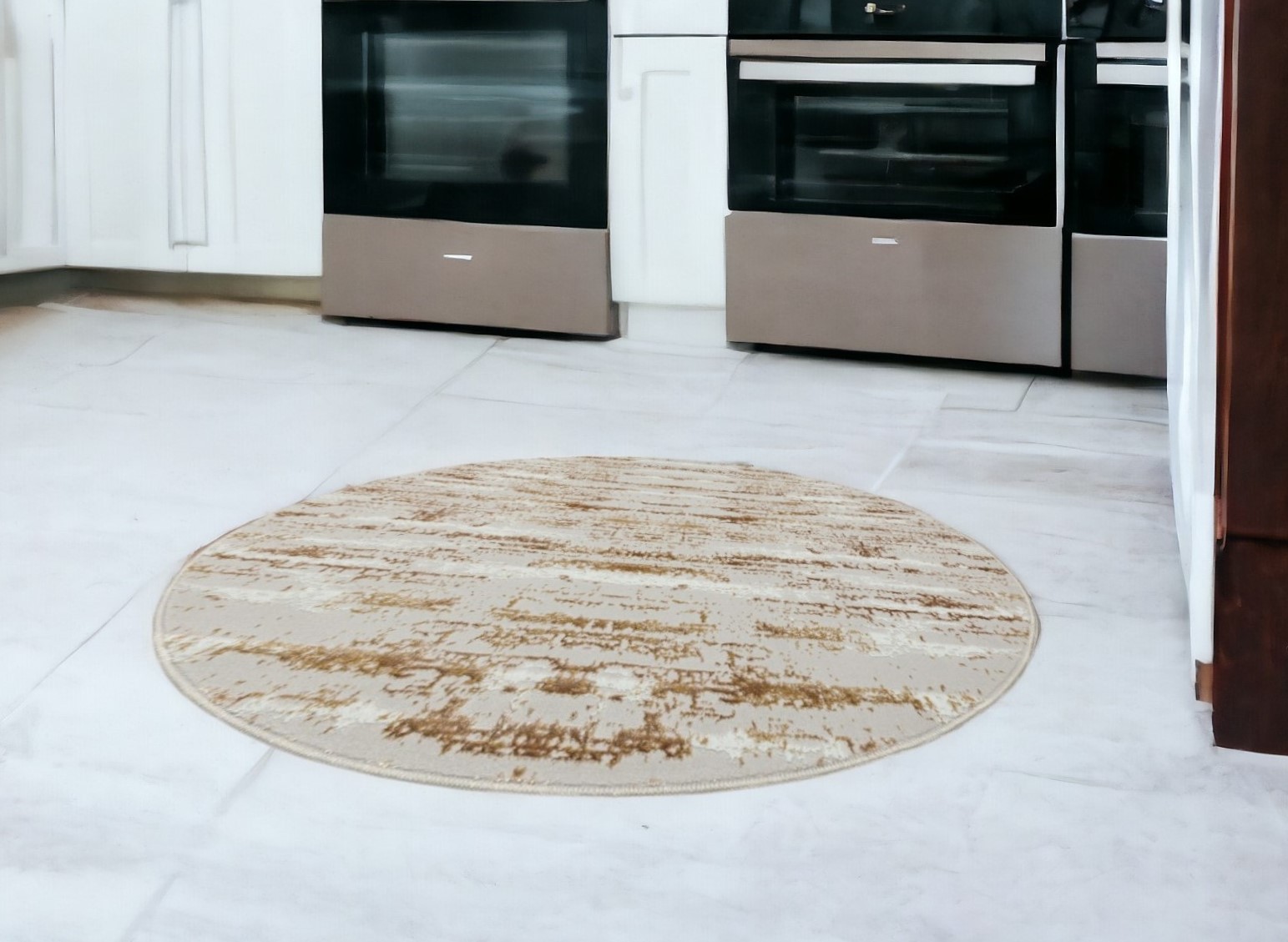 4' Beige Round Abstract Washable Non Skid Area Rug-553773-1