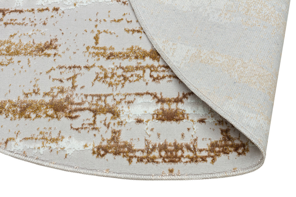 4" Gold and Ivory Round Abstract Washable Non Skid Area Rug