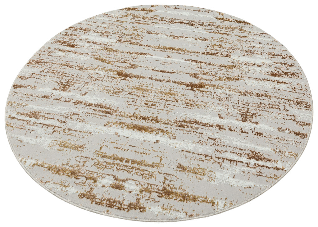4" Gold and Ivory Round Abstract Washable Non Skid Area Rug