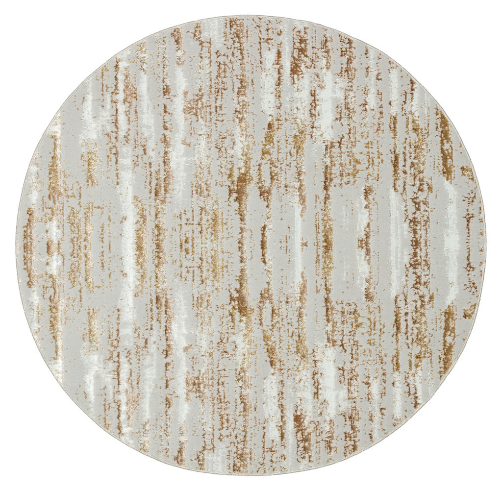 4" Gold and Ivory Round Abstract Washable Non Skid Area Rug