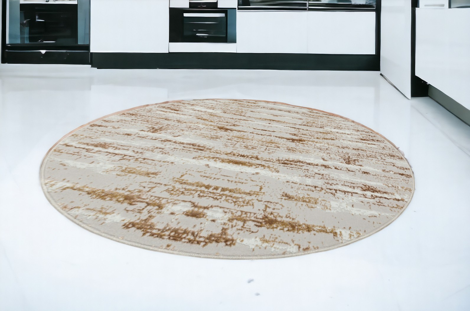 7' Beige Round Abstract Washable Non Skid Area Rug-553774-1