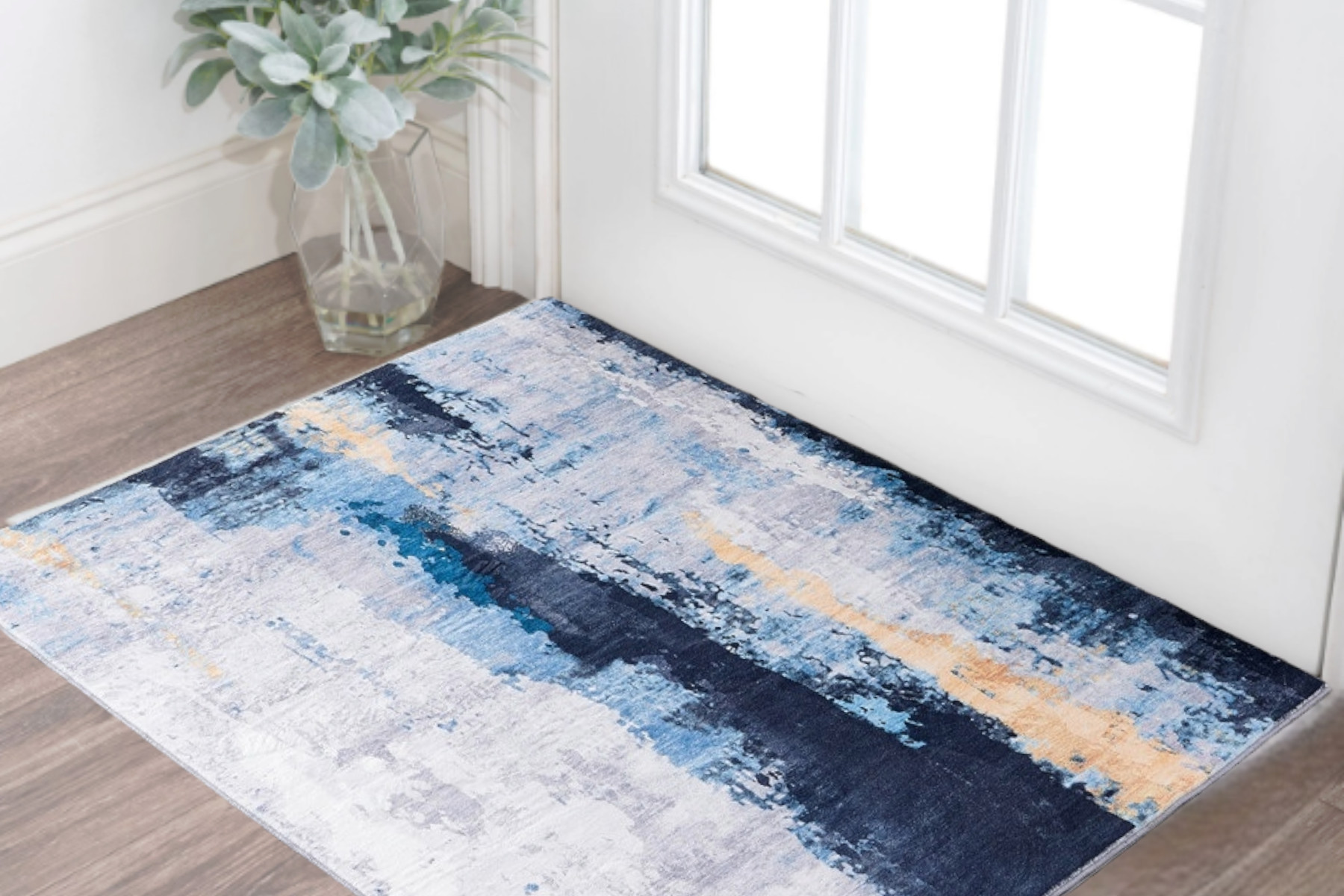 2" X 3" Blue and Yellow Abstract Printed Washable Non Skid Area Rug