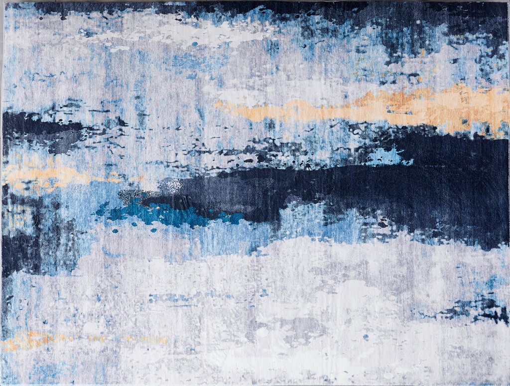 3" X 5" Blue and Yellow Abstract Printed Washable Non Skid Area Rug