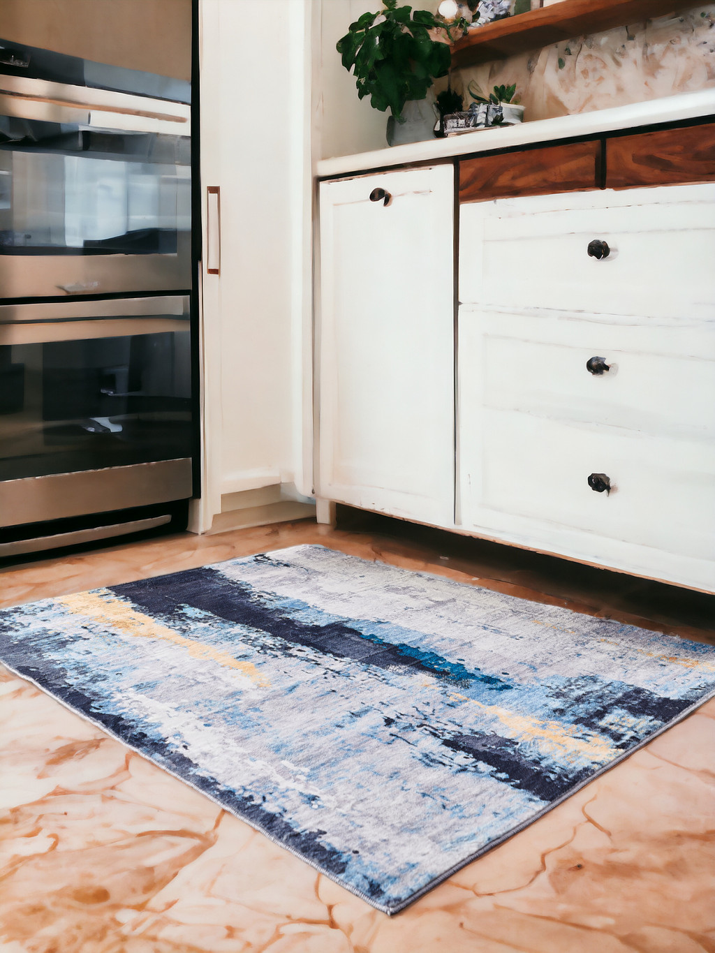 4" X 6" Blue and Yellow Abstract Printed Washable Non Skid Area Rug