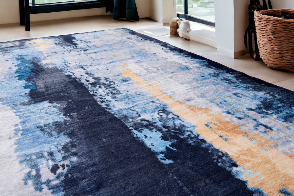 5' x 7' Blue and Yellow Abstract Printed Washable Non Skid Area Rug-553778-1
