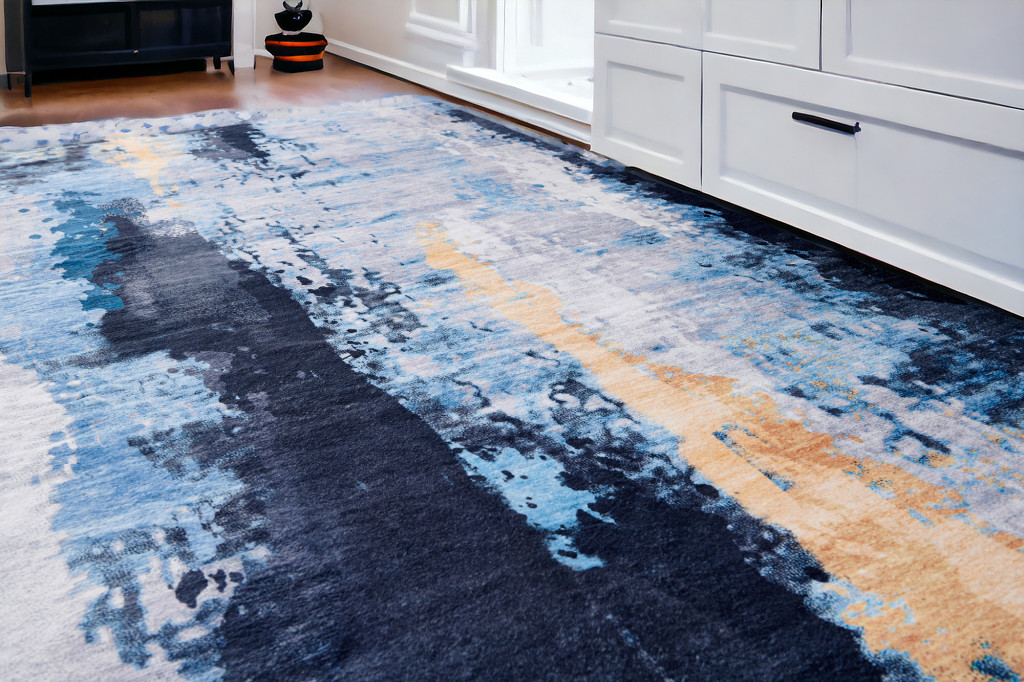6" X 9" Blue and Yellow Abstract Printed Washable Non Skid Area Rug