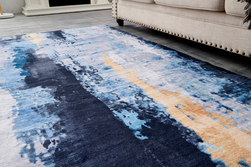 6" X 9" Blue and Yellow Abstract Printed Washable Non Skid Area Rug