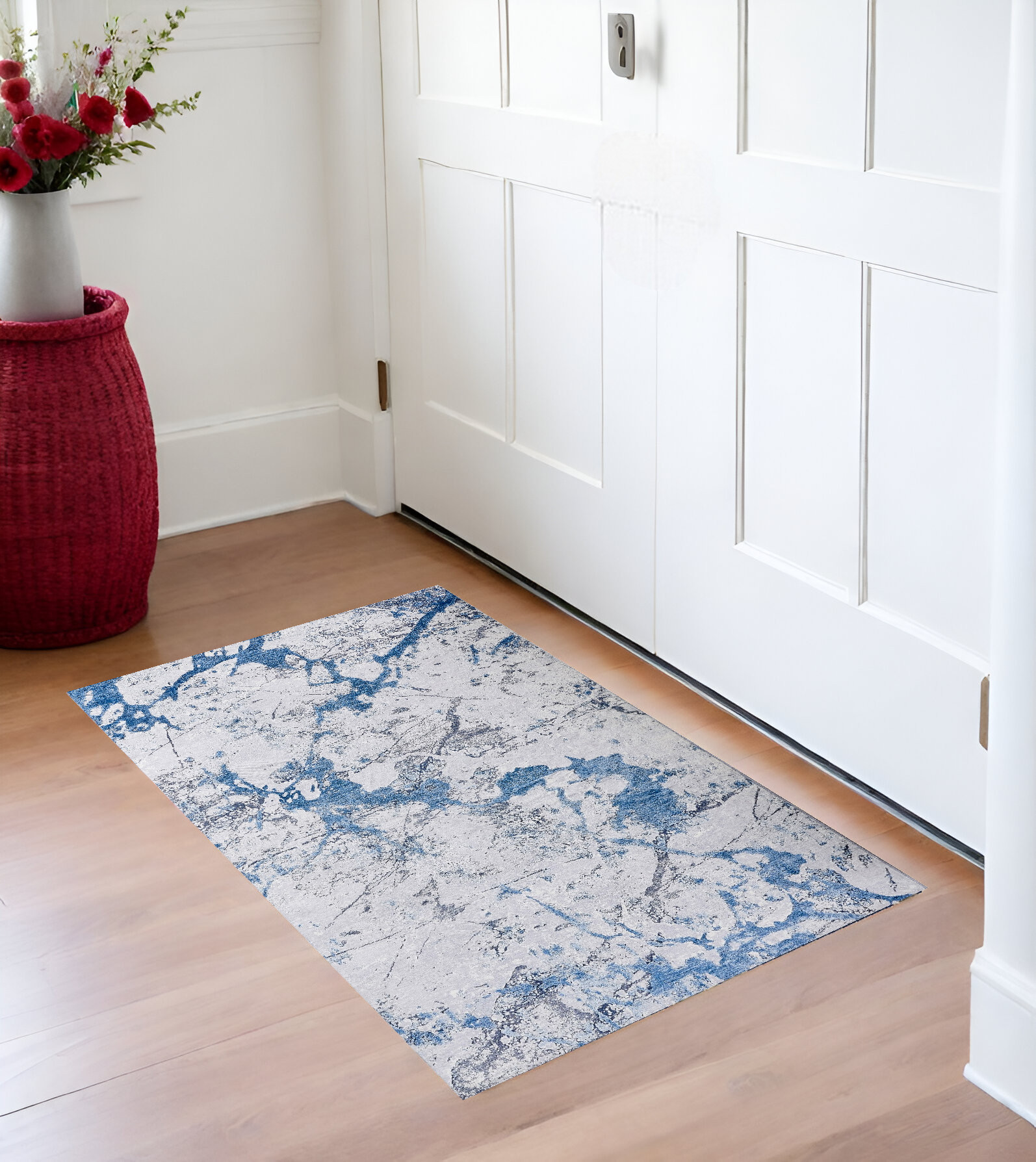 3" X 5" Blue and Silver Abstract Printed Washable Non Skid Area Rug