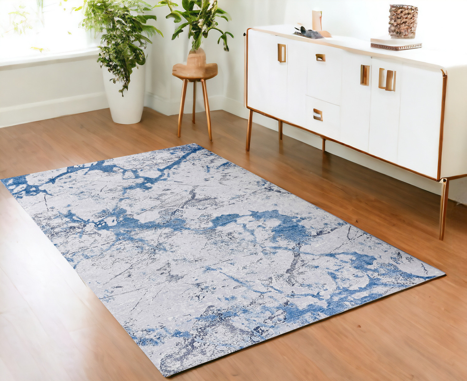 4" X 6" Blue and Silver Abstract Printed Washable Non Skid Area Rug