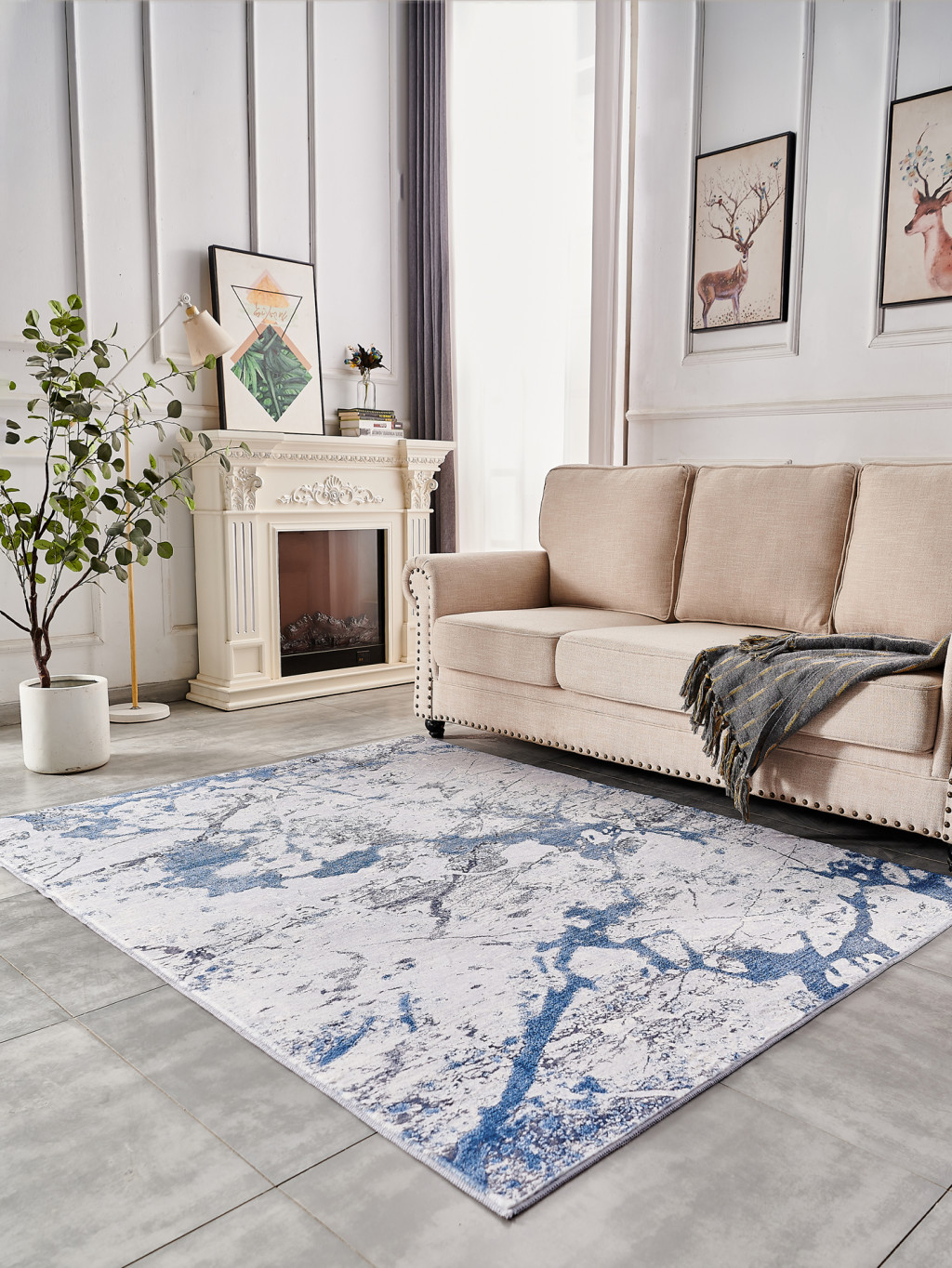 5" X 7" Blue and Silver Abstract Printed Washable Non Skid Area Rug