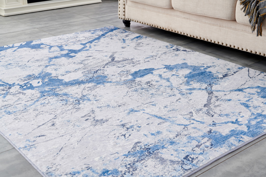 5" X 7" Blue and Silver Abstract Printed Washable Non Skid Area Rug