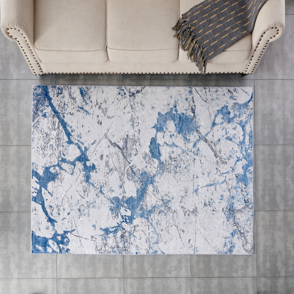 5" X 7" Blue and Silver Abstract Printed Washable Non Skid Area Rug