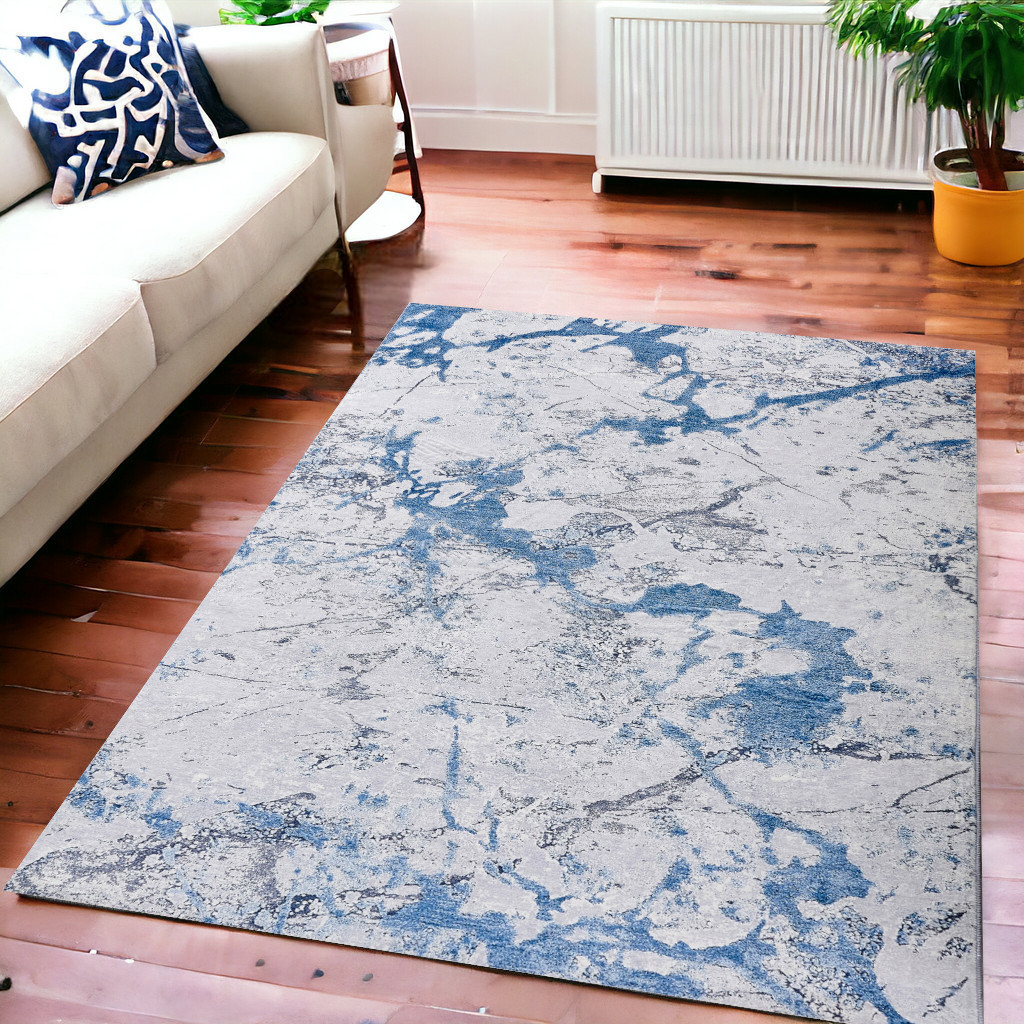 6" X 9" Blue and Silver Abstract Printed Washable Non Skid Area Rug