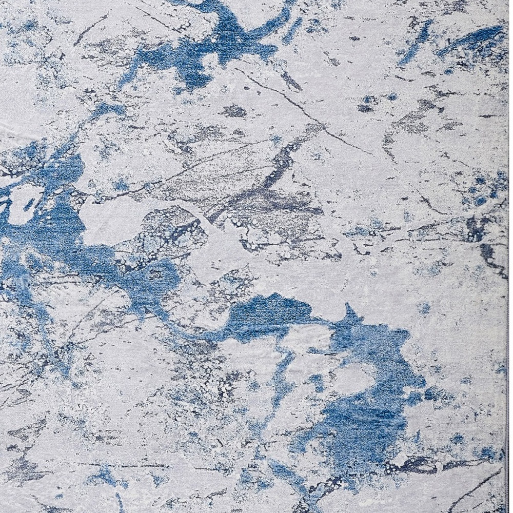 6" X 9" Blue and Silver Abstract Printed Washable Non Skid Area Rug