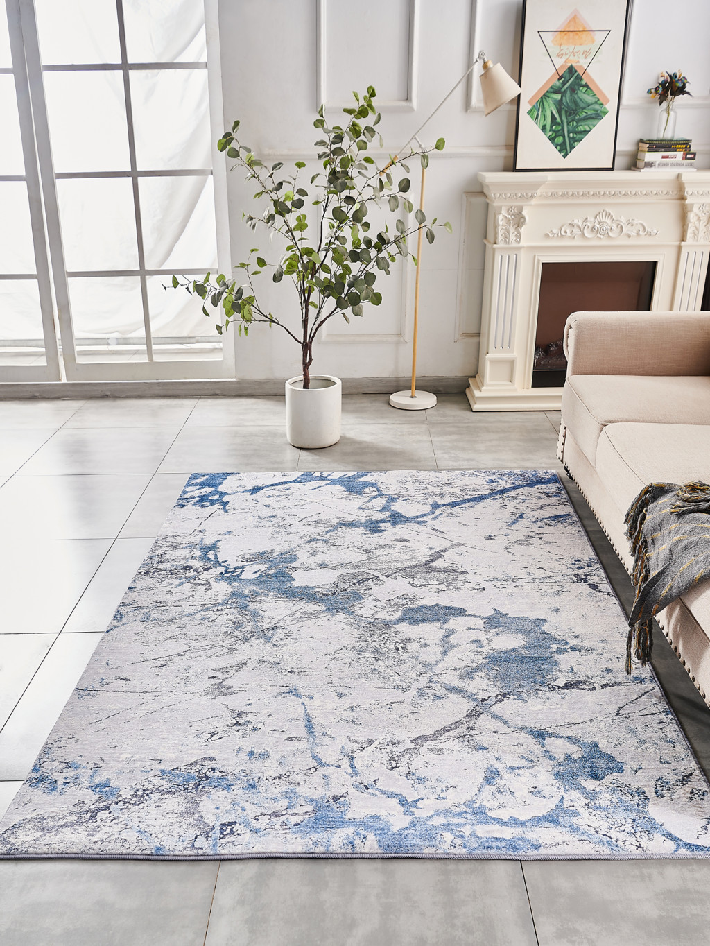 8" X 11" Blue and Silver Abstract Washable Non Skid Area Rug