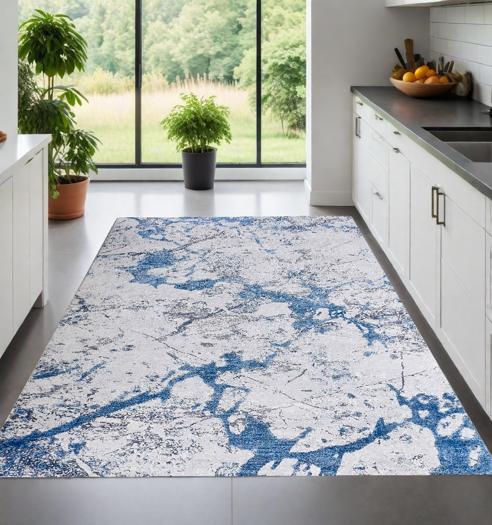 8" X 11" Blue and Silver Abstract Washable Non Skid Area Rug