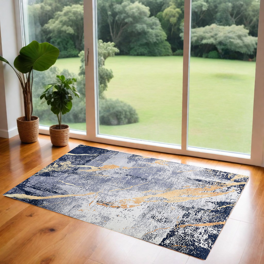 3" X 5" Blue and Yellow Abstract Shag Printed Washable Non Skid Area Rug