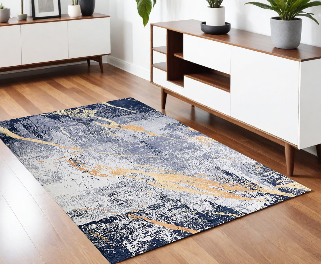 4" X 6" Blue and Yellow Abstract Shag Printed Washable Non Skid Area Rug