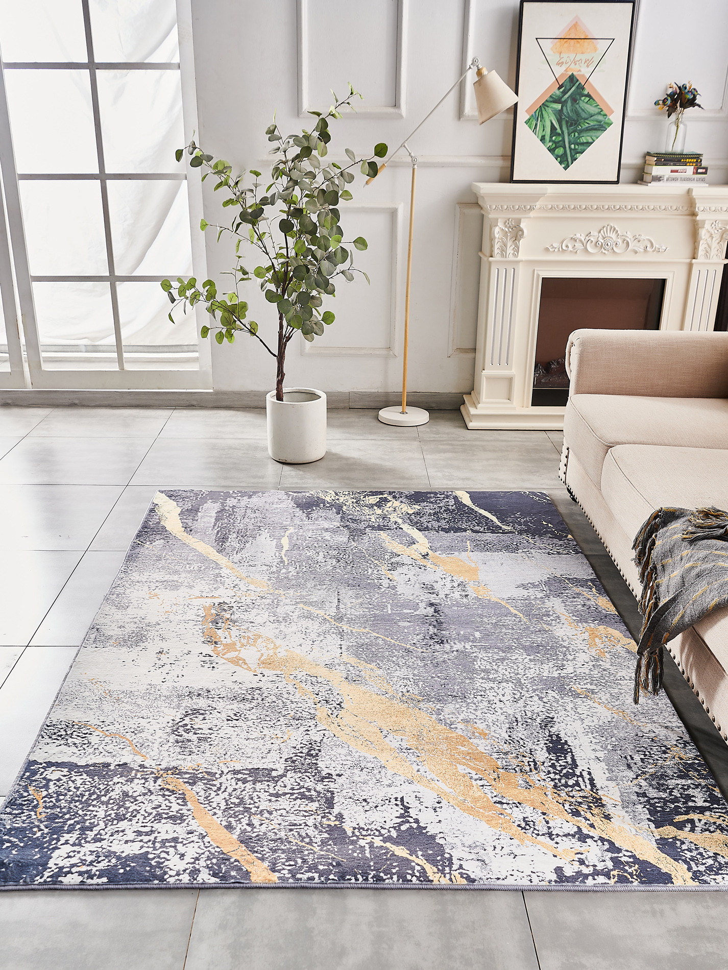 4" X 6" Blue and Yellow Abstract Shag Printed Washable Non Skid Area Rug