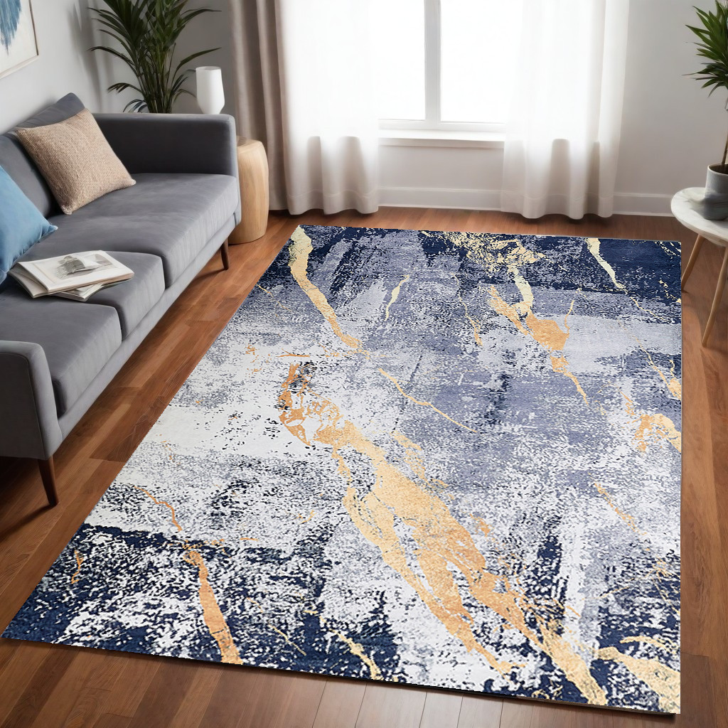 5" X 7" Blue and Yellow Abstract Shag Printed Washable Non Skid Area Rug