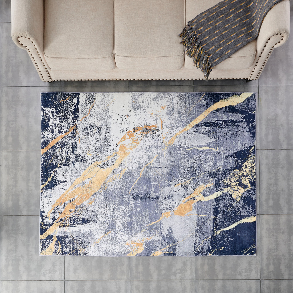 5" X 7" Blue and Yellow Abstract Shag Printed Washable Non Skid Area Rug