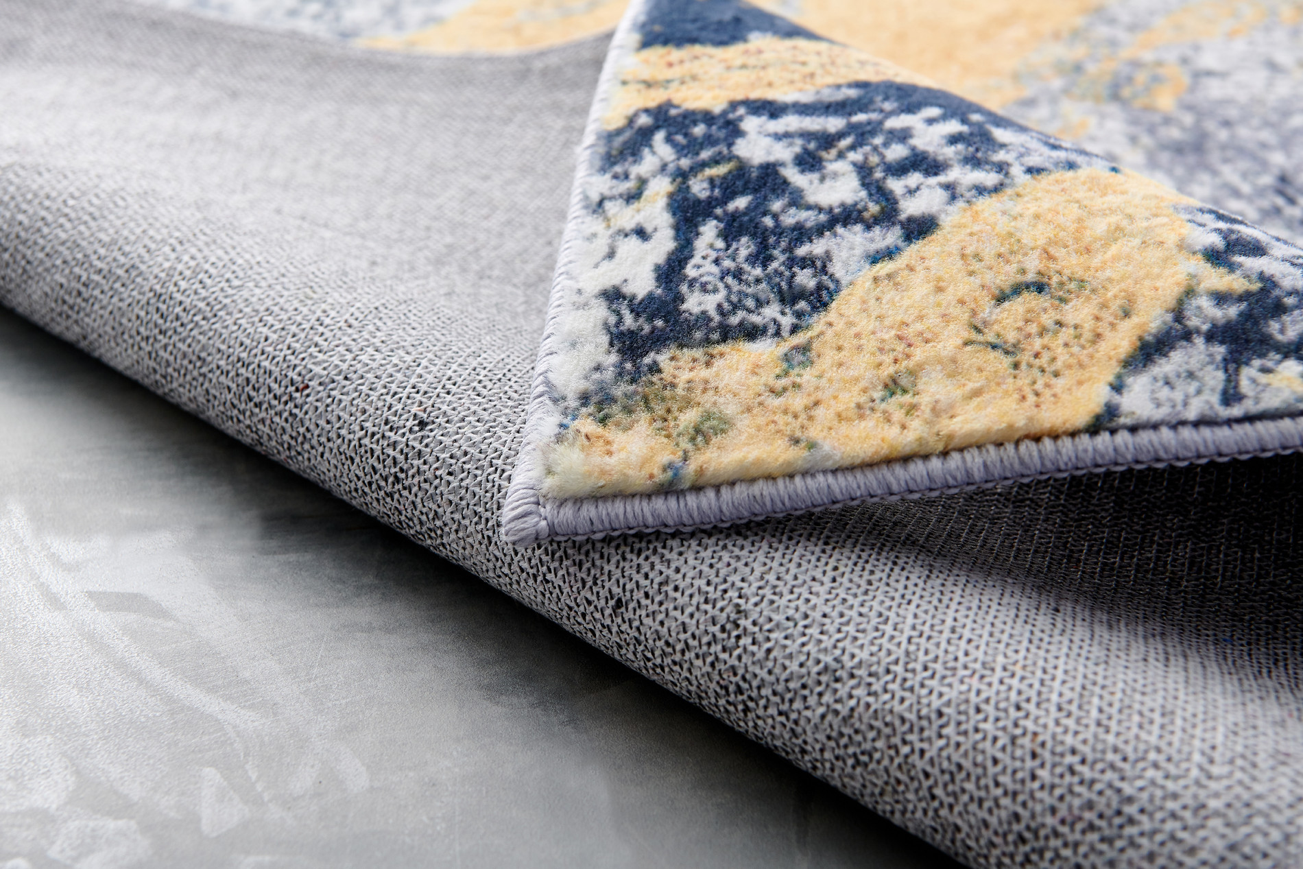 5" X 7" Blue and Yellow Abstract Shag Printed Washable Non Skid Area Rug