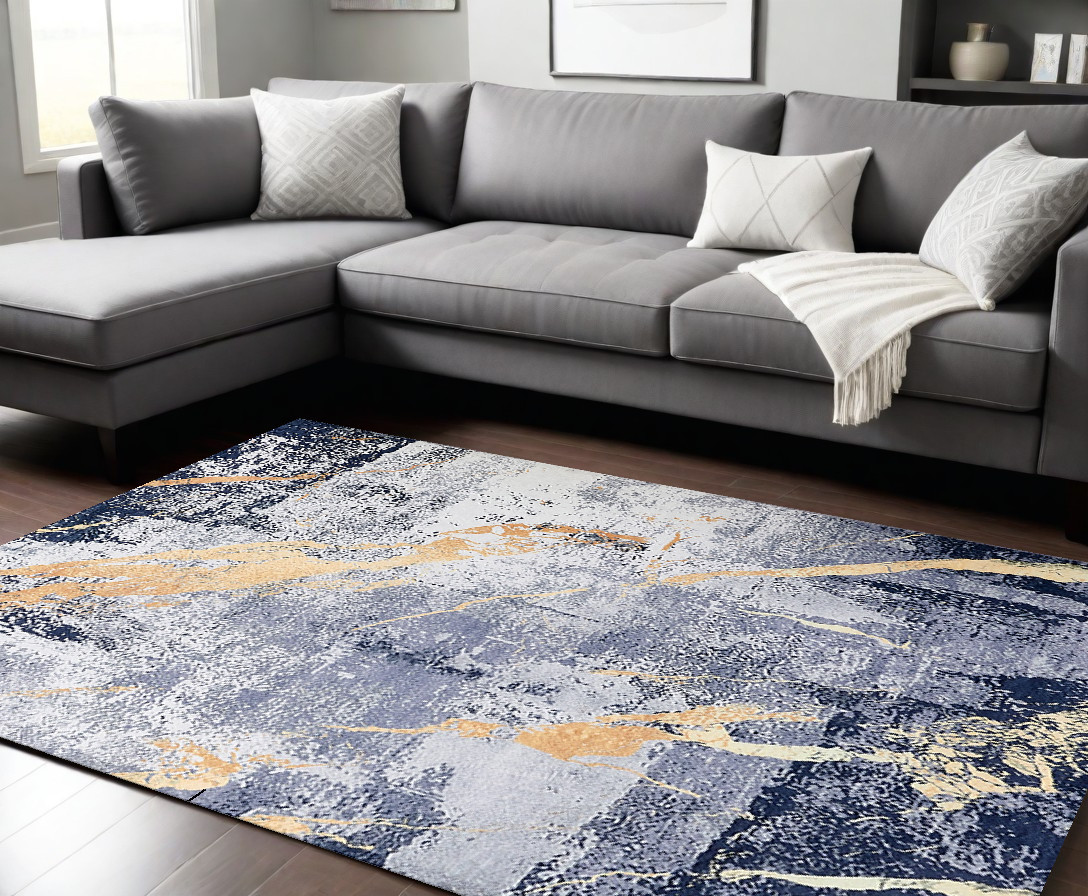 6" X 9" Blue and Yellow Abstract Shag Printed Washable Non Skid Area Rug
