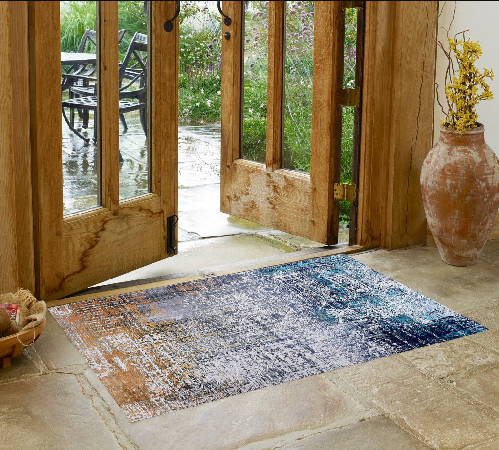 3" X 5" Blue and Silver Abstract Shag Printed Washable Non Skid Area Rug