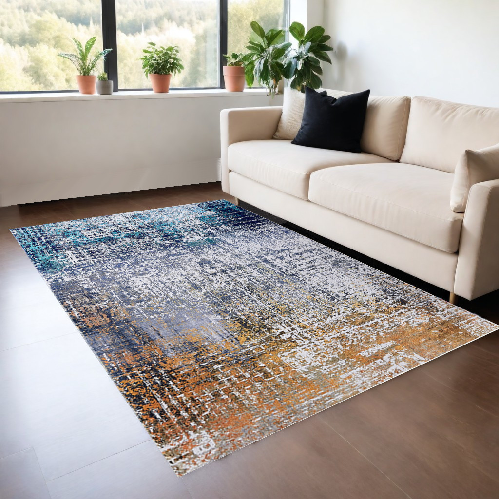 4" X 6" Blue and Silver Abstract Shag Printed Washable Non Skid Area Rug