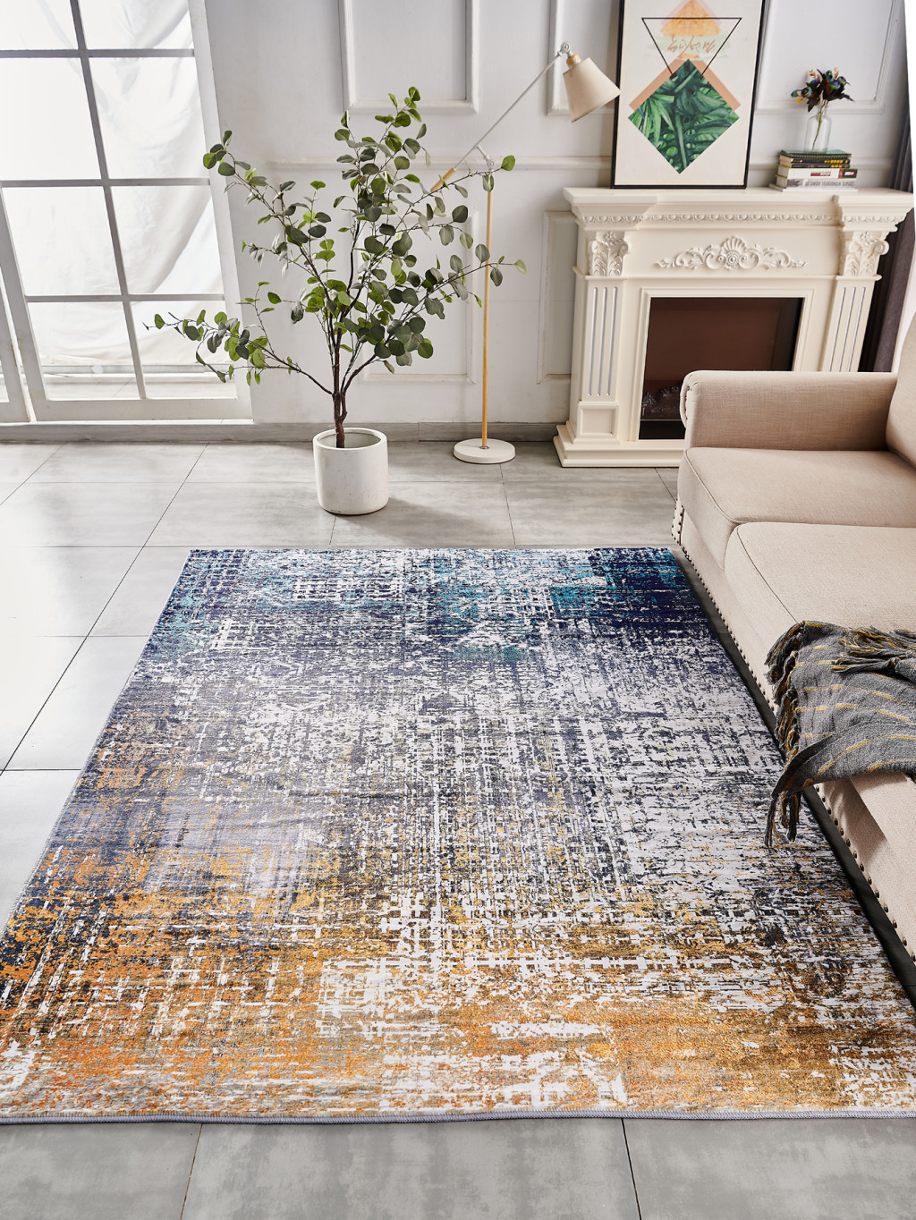 5" X 7" Blue and Silver Abstract Washable Non Skid Area Rug