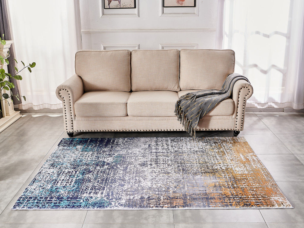 5" X 7" Blue and Silver Abstract Washable Non Skid Area Rug