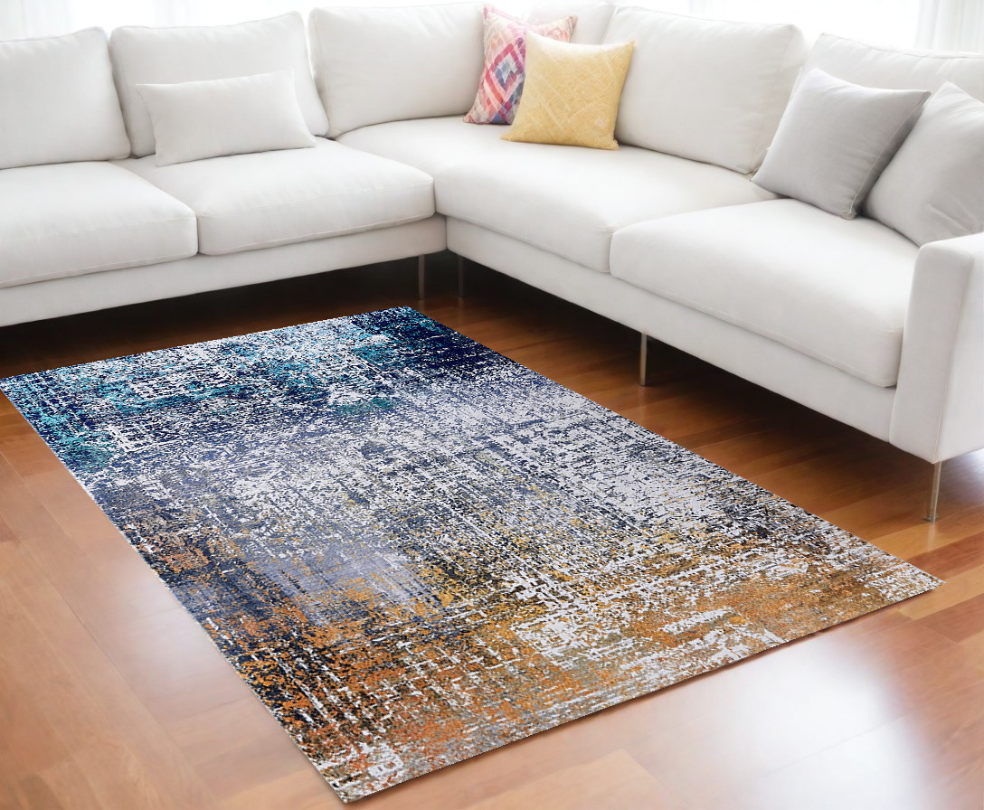 6" X 9" Blue and Silver Abstract Shag Printed Washable Non Skid Area Rug