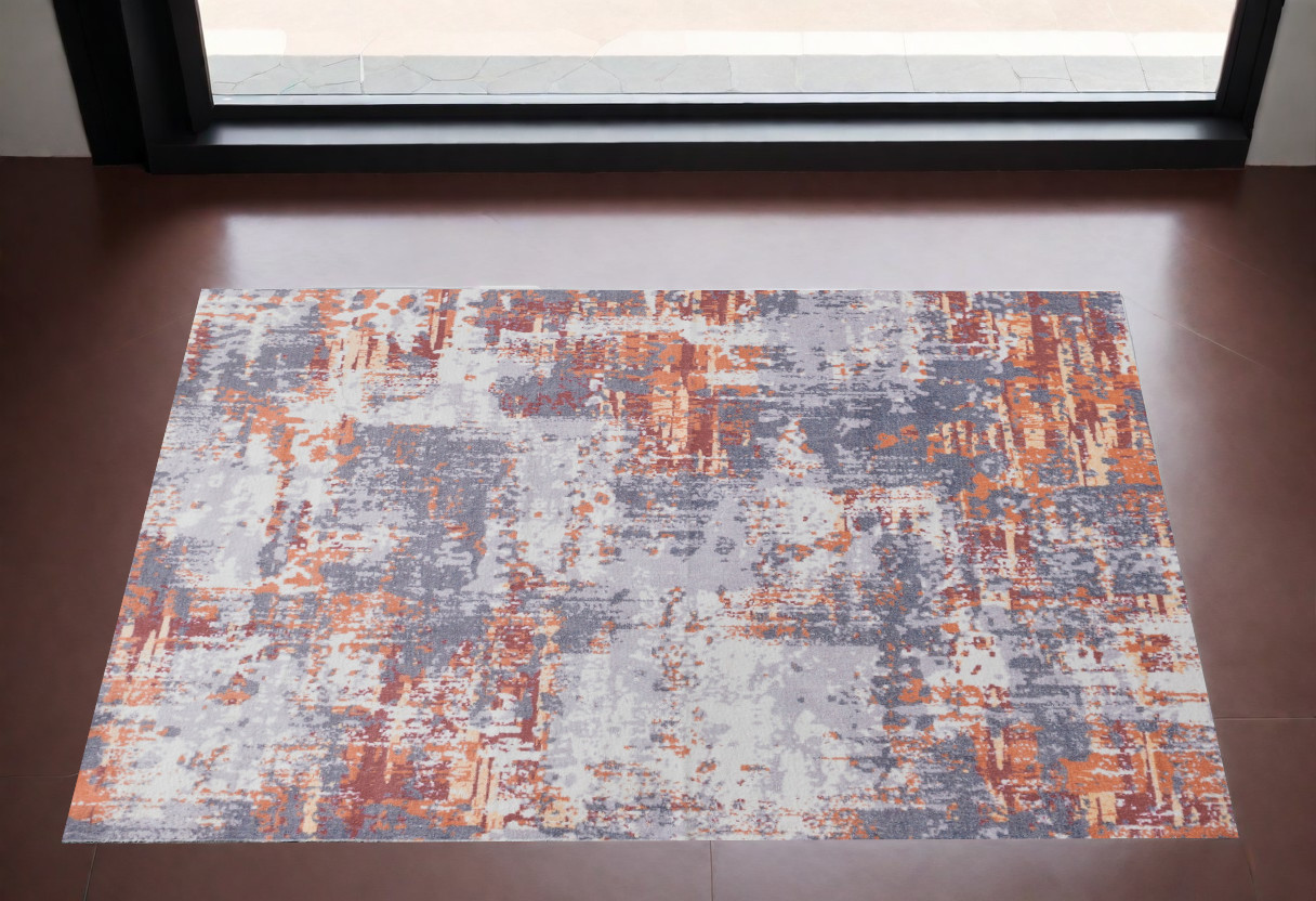 3" X 5" Gray and Brown Abstract Shag Printed Washable Non Skid Area Rug