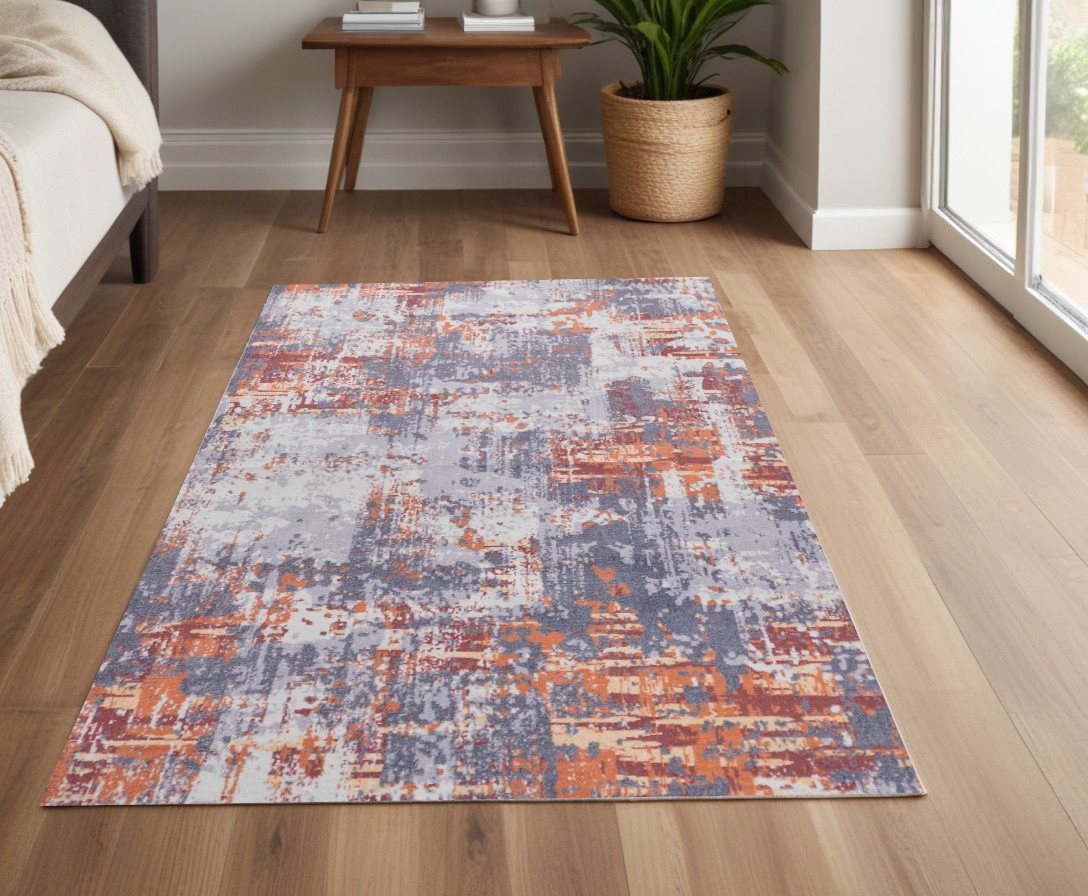 4" X 6" Gray and Brown Abstract Shag Printed Washable Non Skid Area Rug