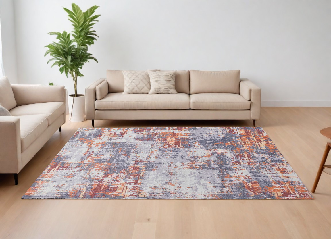 8" X 11" Gray and Brown Abstract Shag Printed Washable Non Skid Area Rug