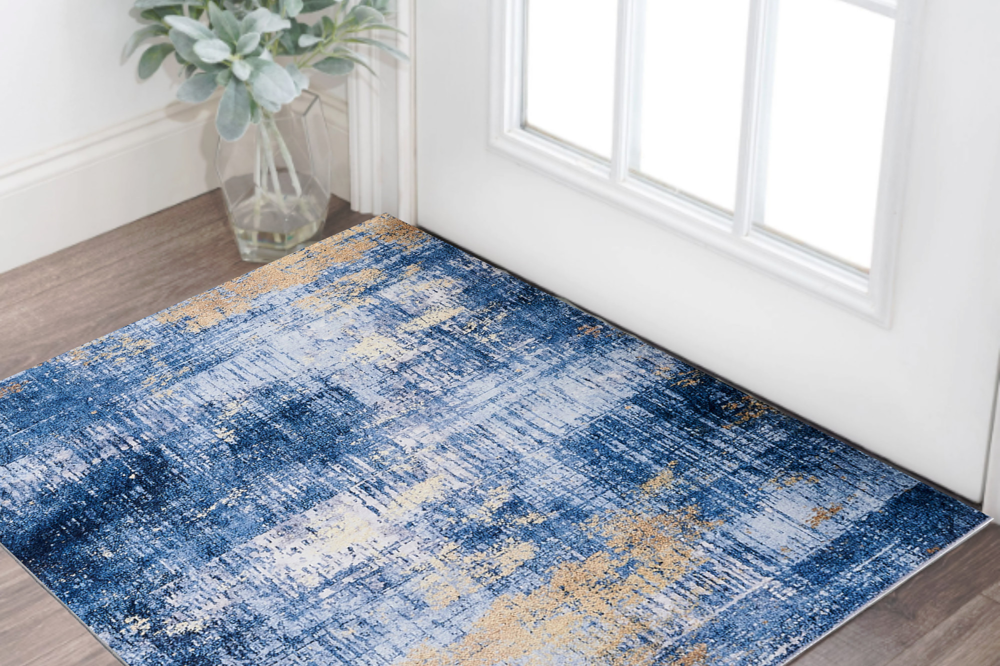 2' X 3' Blue and Gold Abstract Printed Washable Non Skid Area Rug-553805-1