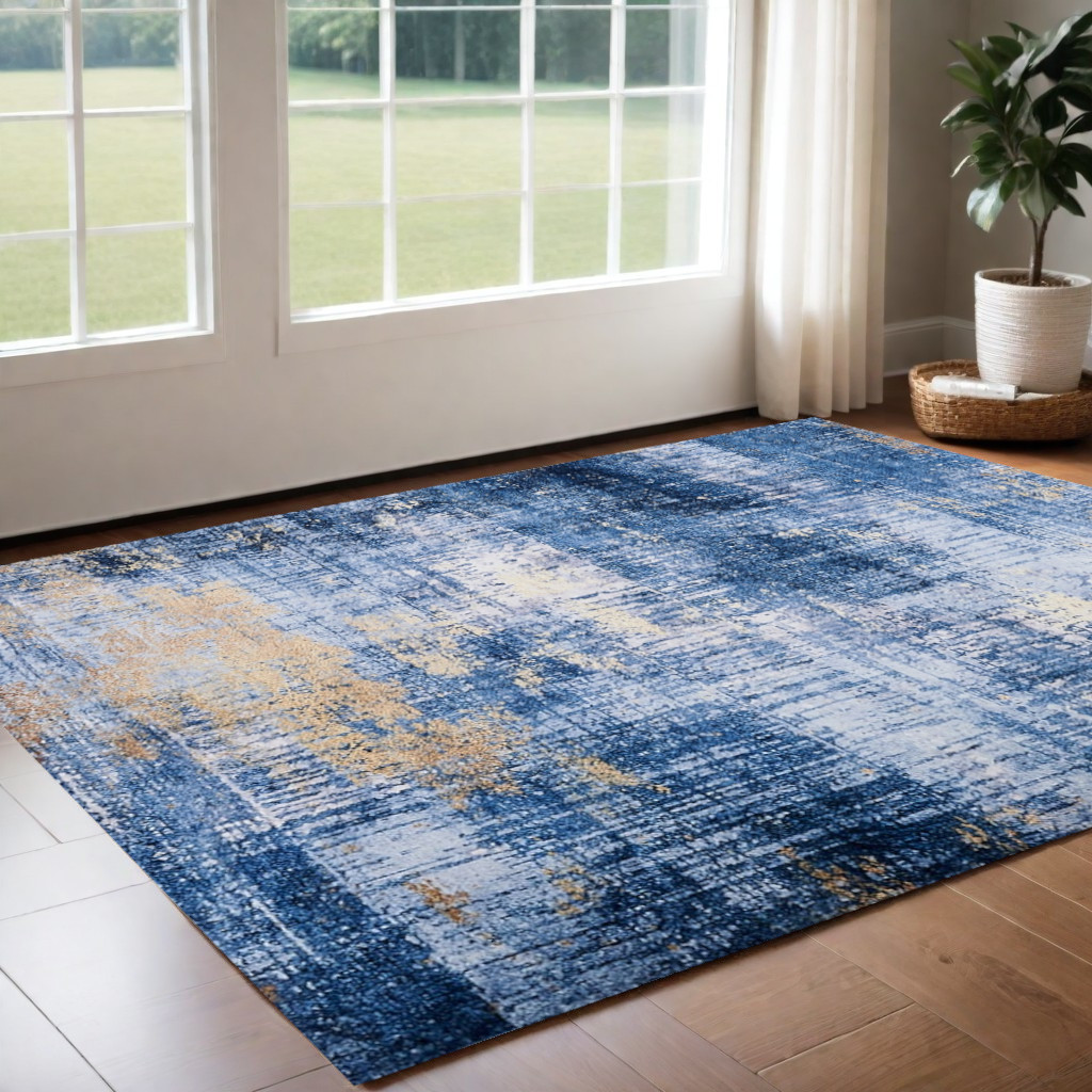 3' X 5' Blue and Gold Abstract Washable Non Skid Area Rug-553806-1