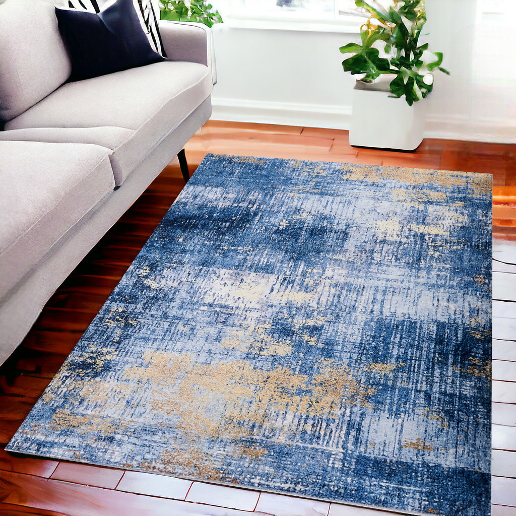 6' X 9' Blue and Gold Abstract Printed Washable Non Skid Area Rug-553809-1