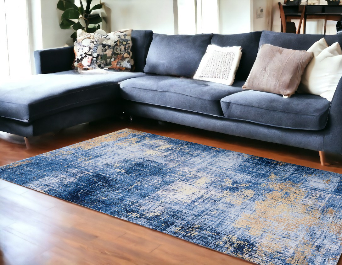 8' X 11' Blue and Gold Abstract Printed Washable Non Skid Area Rug-553810-1