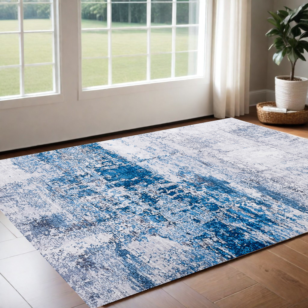 2" X 3" Gray and Blue Abstract Shag Printed Washable Non Skid Area Rug