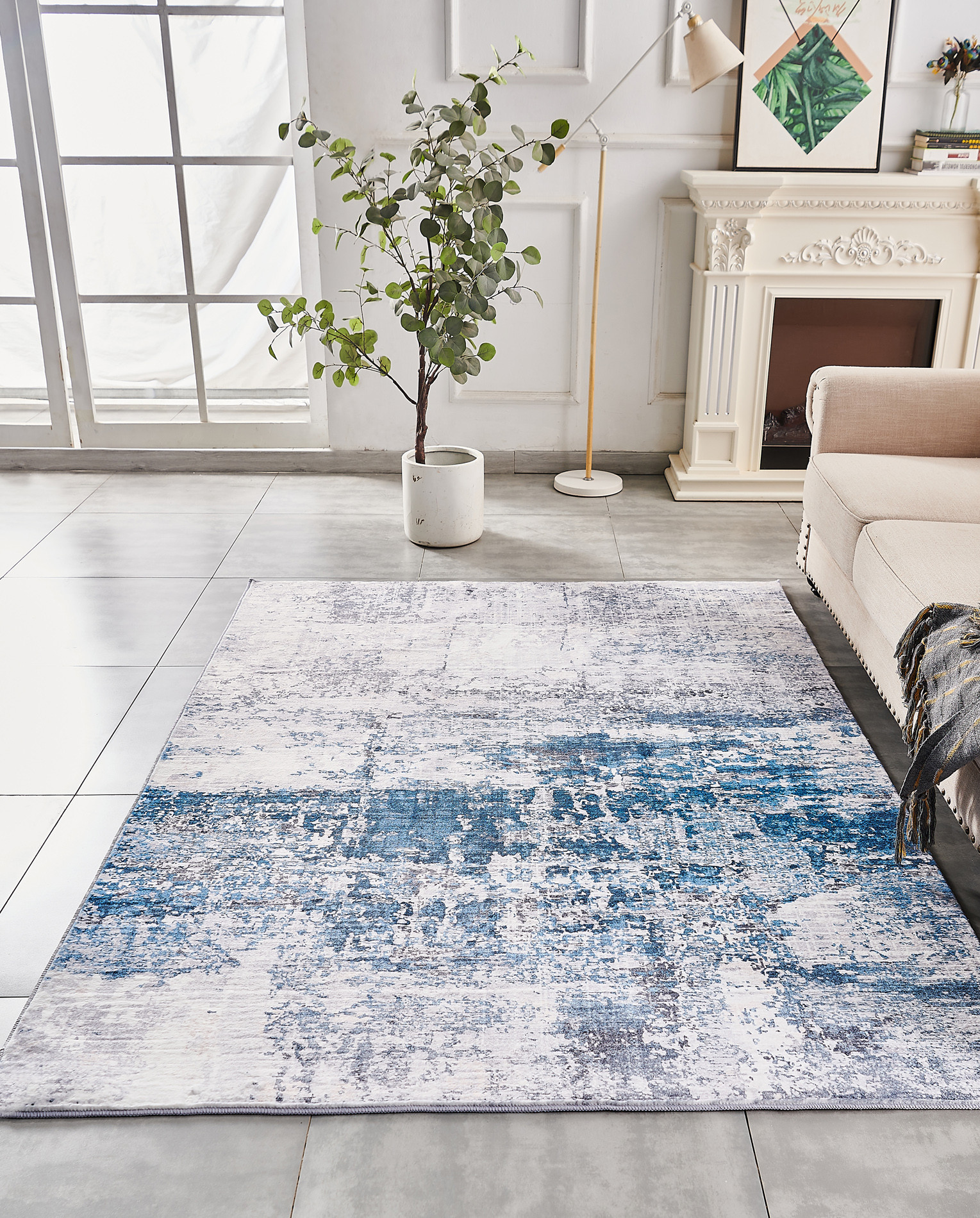 4" X 6" Gray and Blue Abstract Shag Printed Washable Non Skid Area Rug