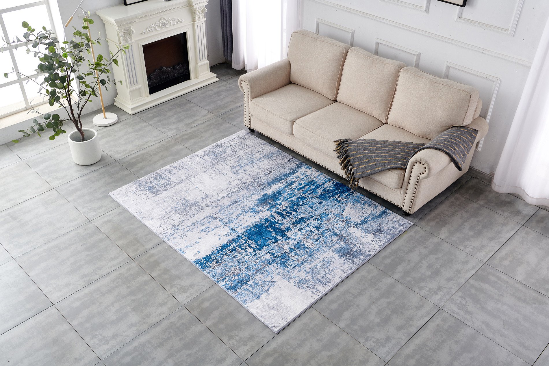 4" X 6" Gray and Blue Abstract Shag Printed Washable Non Skid Area Rug