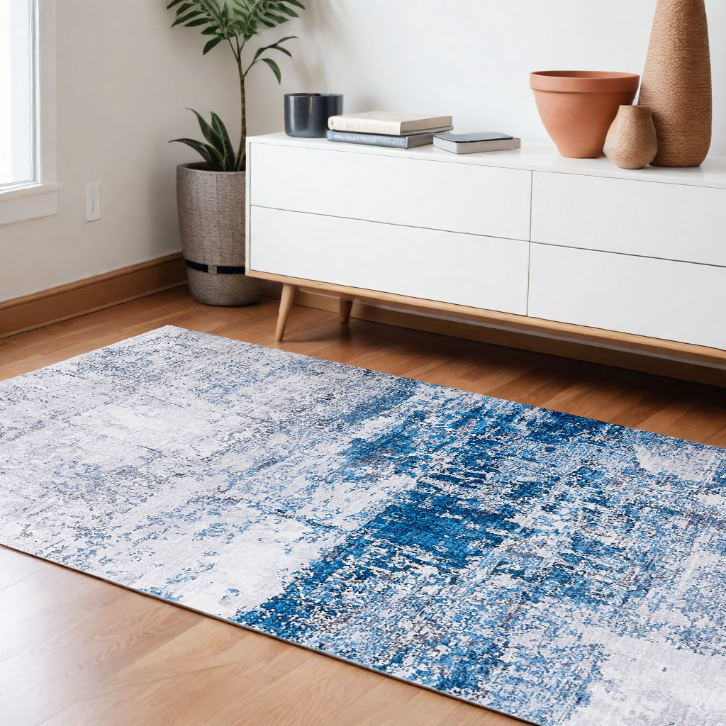 6" X 9" Gray and Blue Abstract Printed Washable Non Skid Area Rug