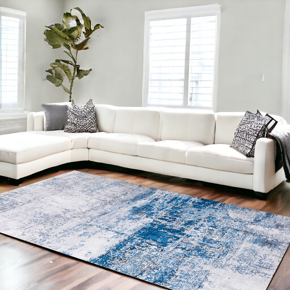 8" X 11" Gray and Blue Abstract Shag Printed Washable Non Skid Area Rug