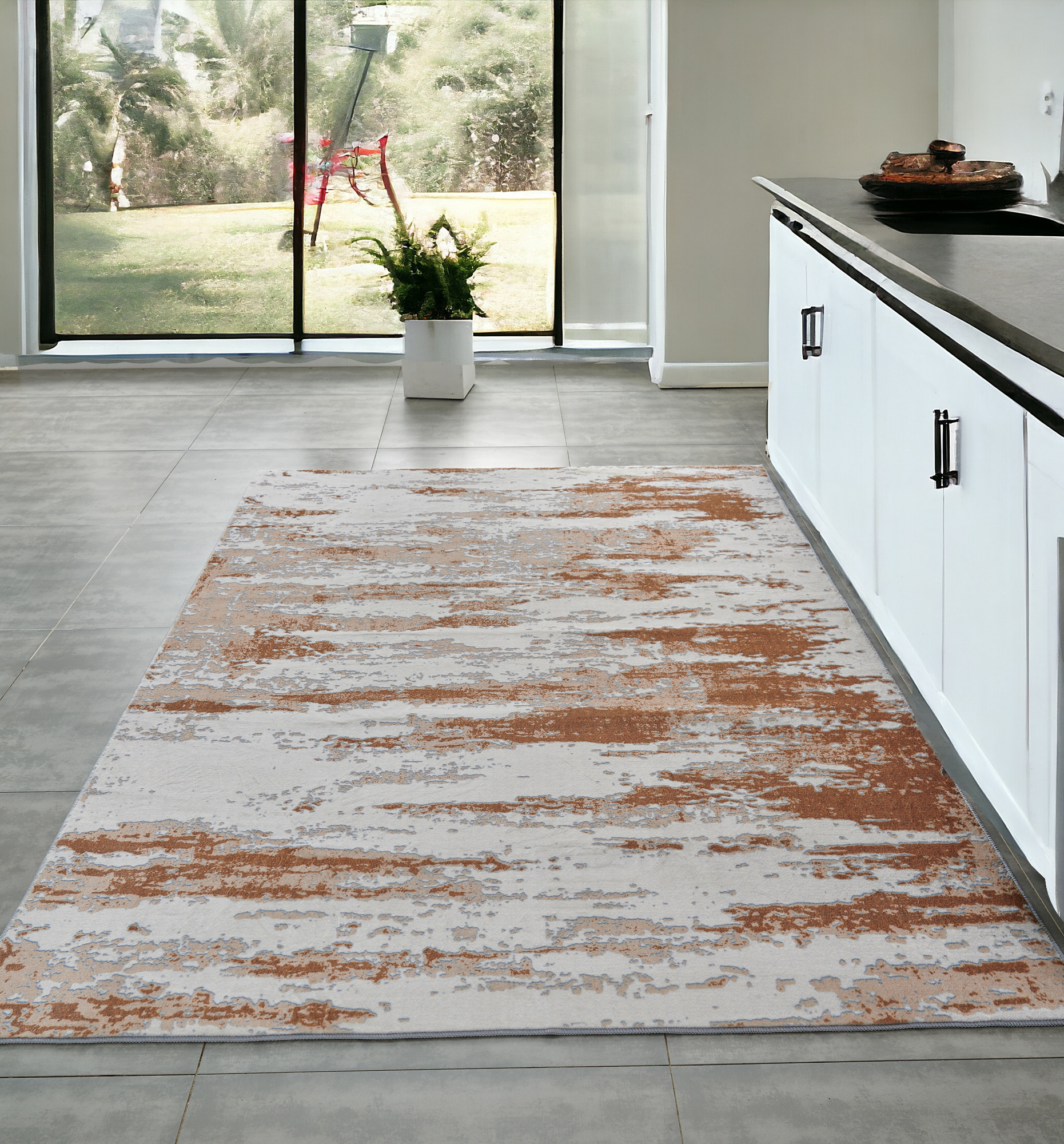 4" X 6" Gray and Brown Abstract Printed Washable Non Skid Area Rug