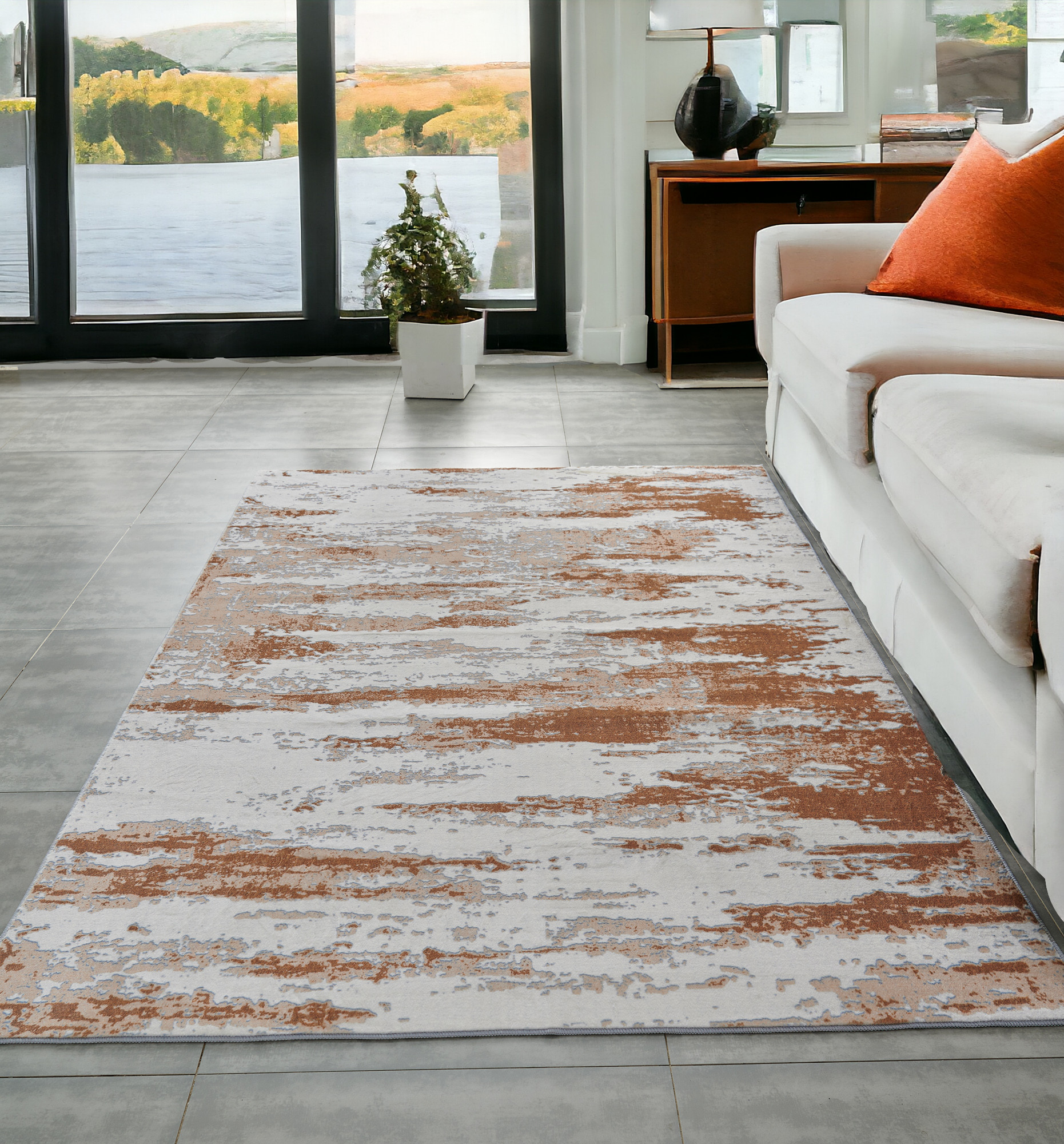 5" X 7" Gray and Brown Abstract Printed Washable Non Skid Area Rug