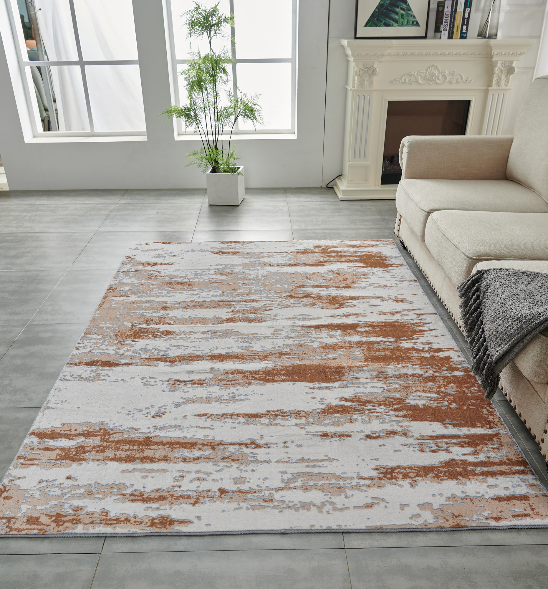 5" X 7" Gray and Brown Abstract Printed Washable Non Skid Area Rug